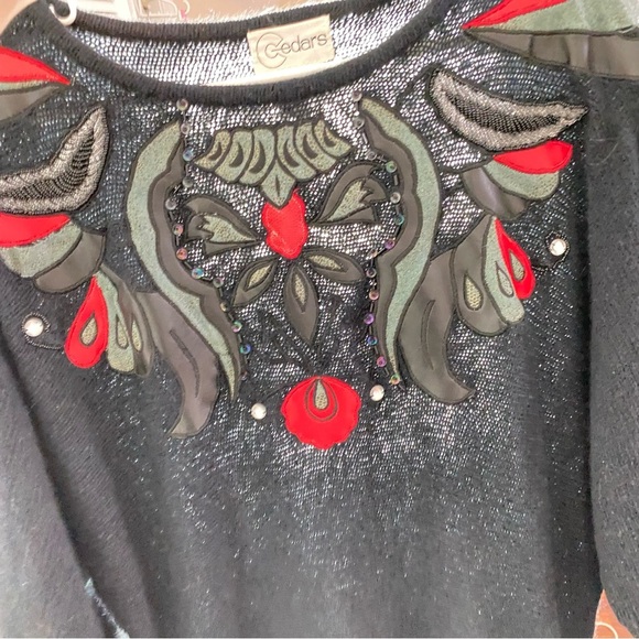Vintage 90s Sweater Womens Size Small Dolman Beaded Leather Tunic Black Red - Picture 4 of 8